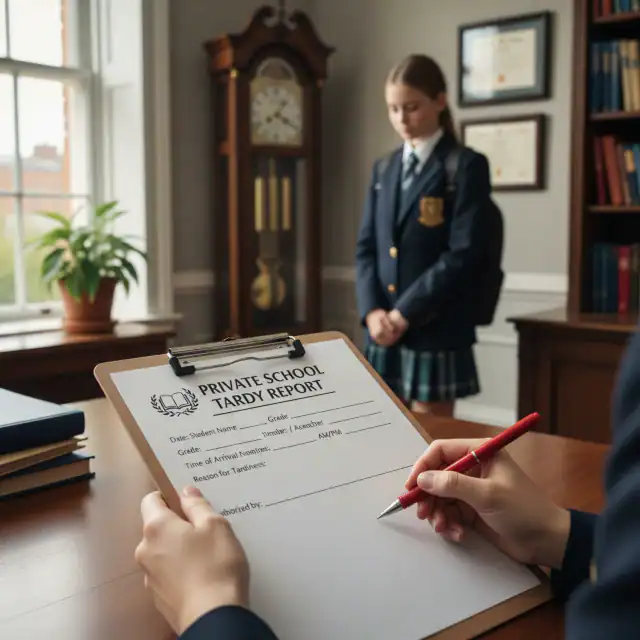 Student standing while teacher holds clipboard with tardy report on it