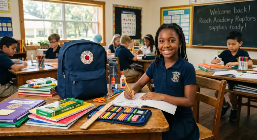 A smiling elementary school girl in a navy polo uniform sits at a wooden desk filled with neatly organized school supplies, including notebooks, pencils, markers, and a navy backpack. In the background, a blackboard reads "Welcome back! Reach Academy Raptors supplies ready!" alongside other students working in a classroom.